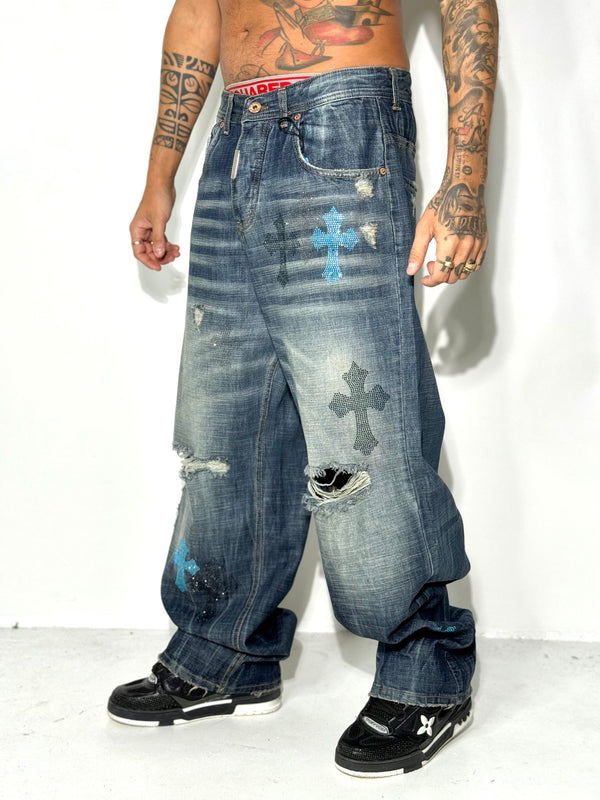 JEANS CROCE STRASS CROME BLU